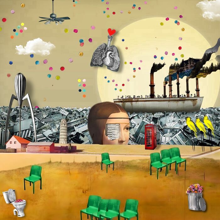 Surreal digital collage blending real and unreal elements with iconic landmarks, industrial themes, and vibrant colors.