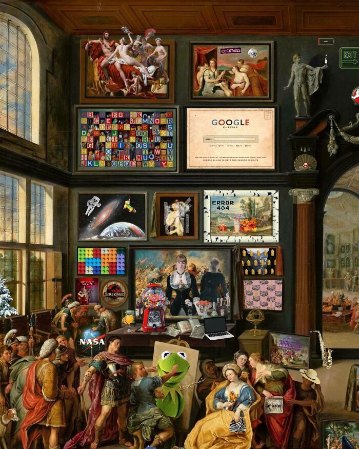 Surreal digital collage blending classical art with modern icons and symbols, showcasing dreamlike digital collages by Italian artist.