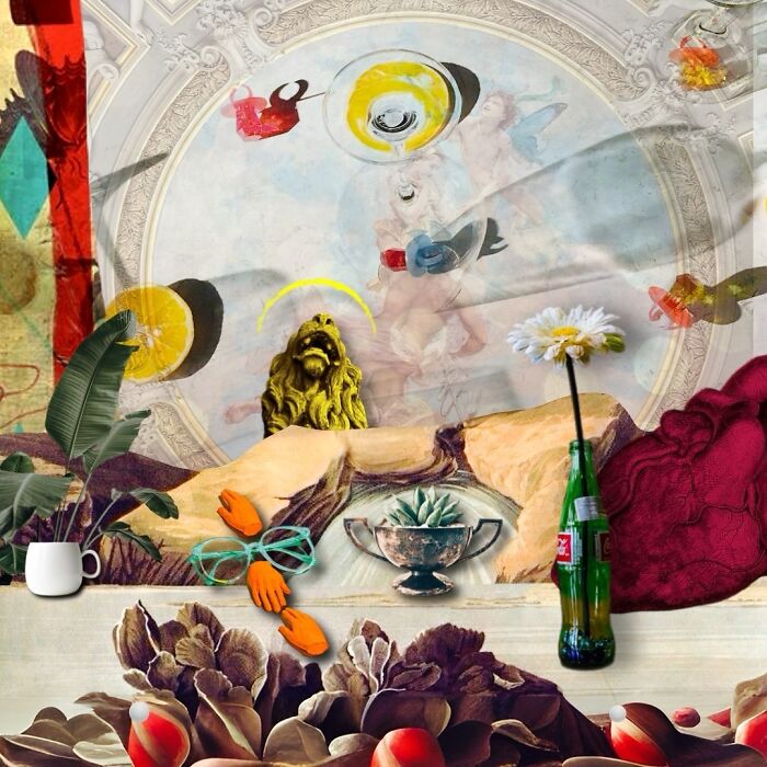 Dreamlike digital collage featuring surreal objects, plants, and classical motifs blending real and unreal elements.