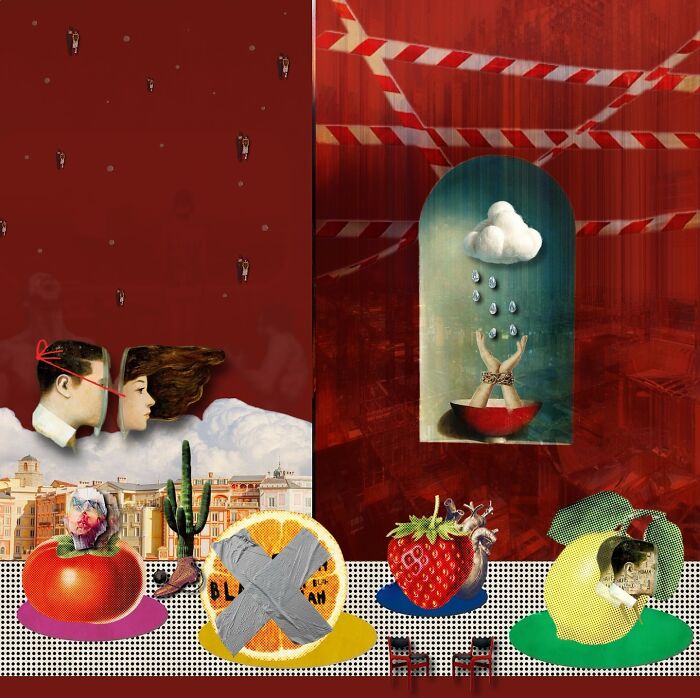 Surreal digital collage with dreamlike elements blending fruit, cityscape, and symbolic hands, showcasing digital collage art.