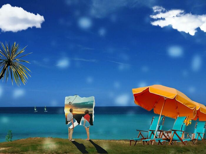 Dreamlike digital collage of two people holding a framed sunset by the sea with beach chairs and umbrellas nearby.