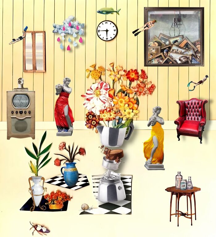 Dreamlike digital collage with surreal elements blending real objects and statues in a whimsical, imaginative scene by an Italian artist.