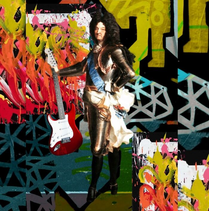 Digital collage blending historic figure in armor with a vibrant graffiti background and an electric guitar, blurring real and unreal.