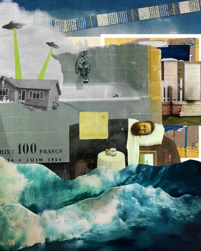 Dreamlike digital collage featuring surreal elements like UFOs, house, bathtub, and ocean waves blending real and unreal.