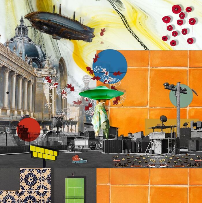 Dreamlike digital collage featuring surreal urban elements, flying airship, and colorful abstract shapes blending real and unreal.