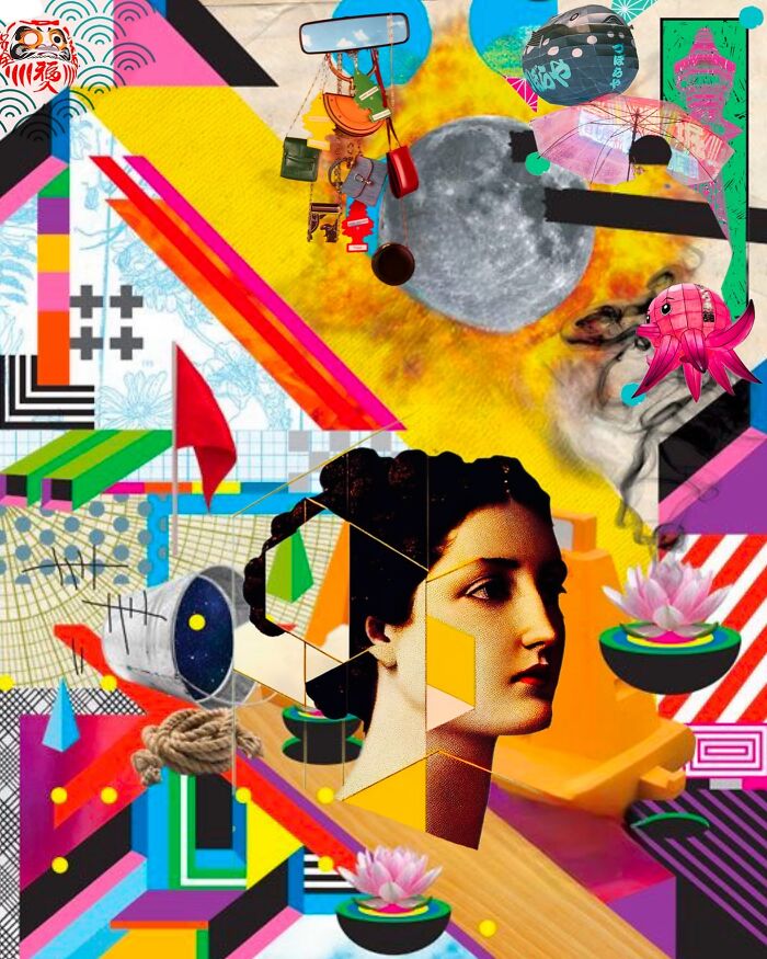 Colorful dreamlike digital collage blending a classical female portrait with geometric shapes and surreal elements by Italian artist.