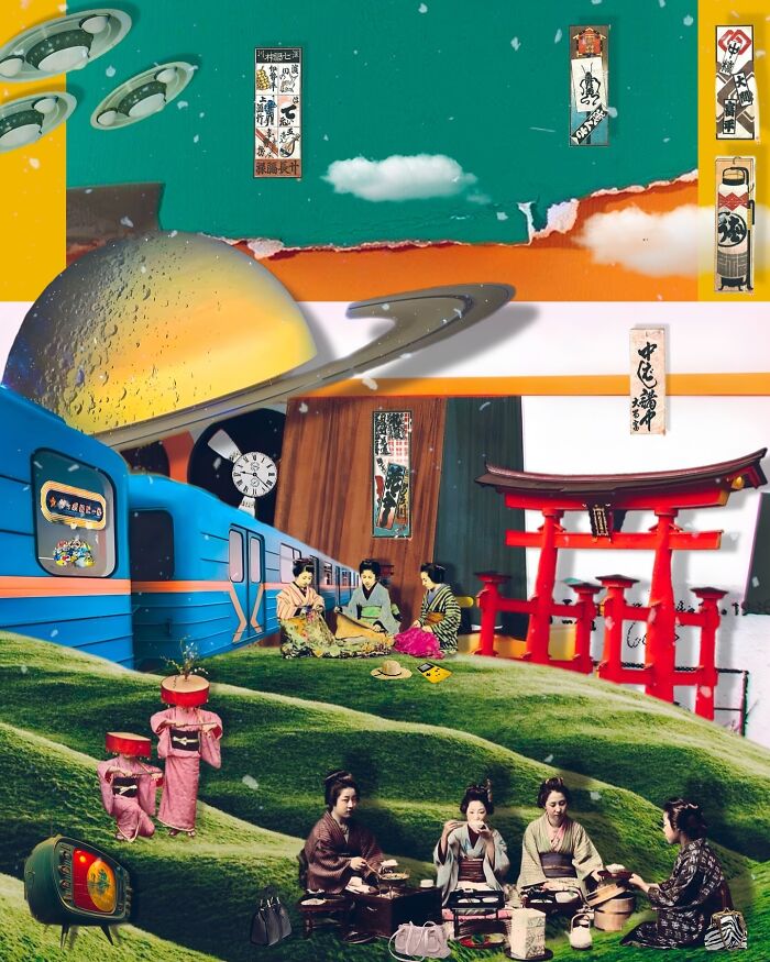 Surreal digital collage blending Japanese culture, space elements, and vintage objects in dreamlike digital collages art style.