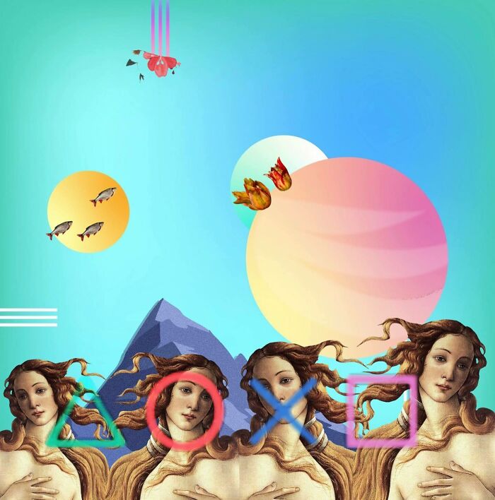 Dreamlike digital collage with repeated classical figures, geometric shapes, and surreal floating elements against a bright sky background.