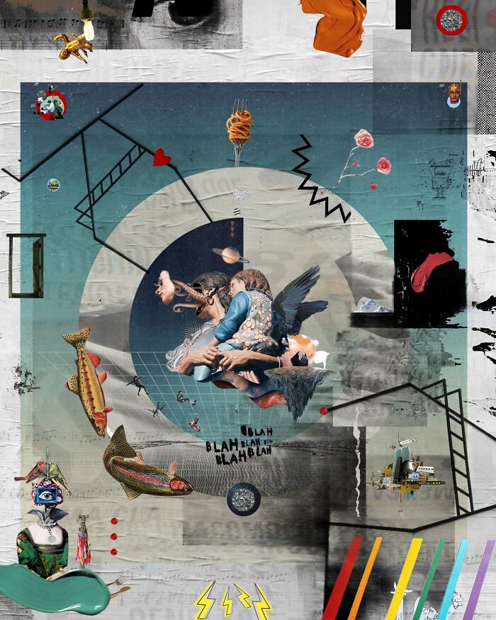 Dreamlike digital collage blending surreal elements and reality with fish, wings, and abstract shapes in an artistic composition.