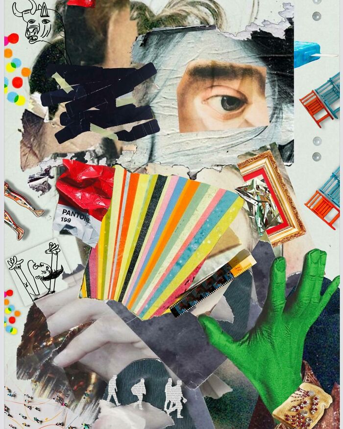 Colorful dreamlike digital collage blending human features, objects, and abstract elements in surreal art by Italian artist.