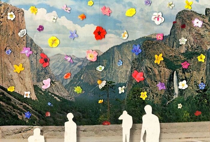 Dreamlike digital collage featuring floating colorful flowers over a mountain landscape with silhouette figures in foreground.