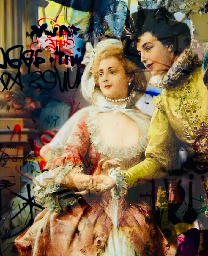 Digital collage blending classical portraits with modern graffiti, illustrating dreamlike scenes that blur real and unreal elements.