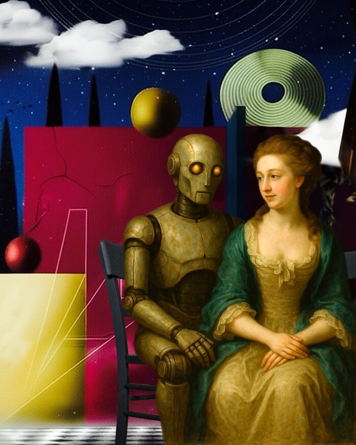Surreal digital collage blending vintage portrait and robot figure in a dreamlike scene with abstract shapes at night.