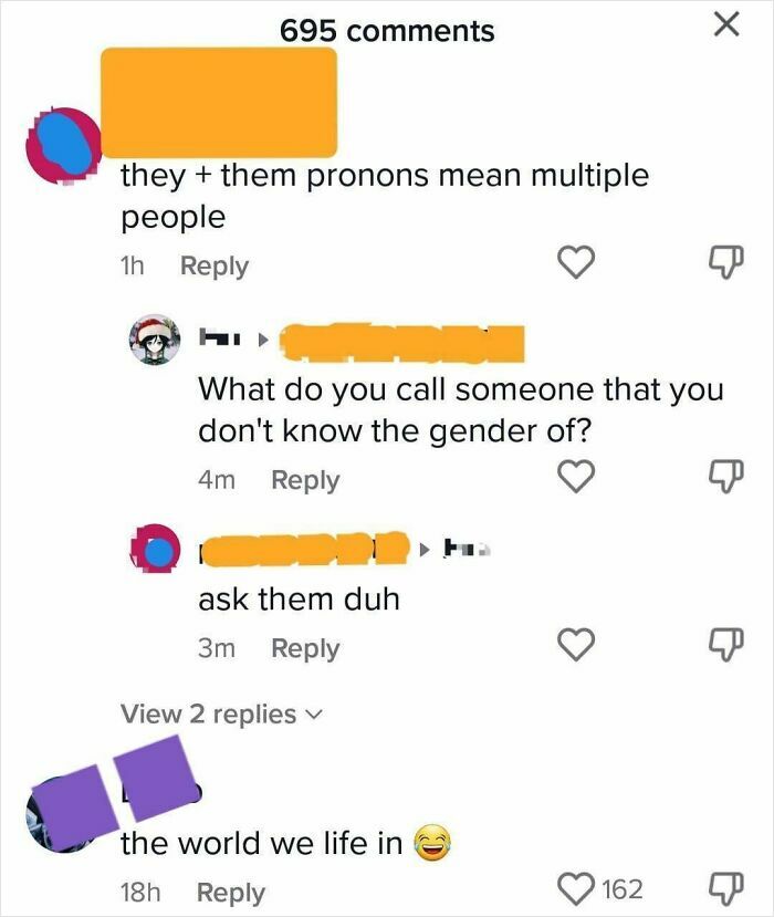 TikTok screenshot showing a discussion about they and them pronouns and gender identity in comments.