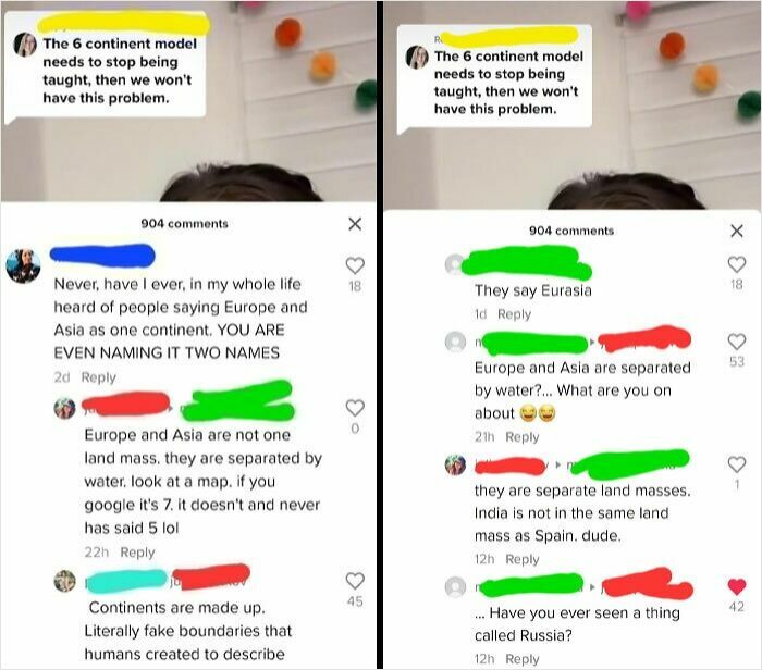 TikTok screenshot debate about the six continent model, Europe and Asia geography, and smart comments from users.