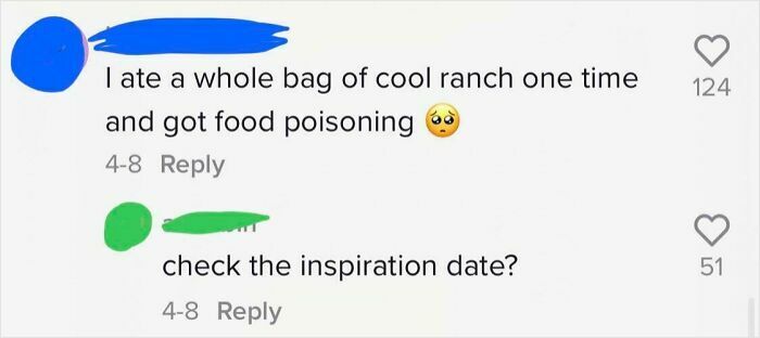 TikTok screenshot showing a comment about eating a whole bag of cool ranch and getting food poisoning.