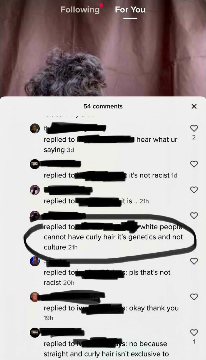 TikTok screenshot showing a discussion about genetics and culture related to curly hair in a social media comment thread.