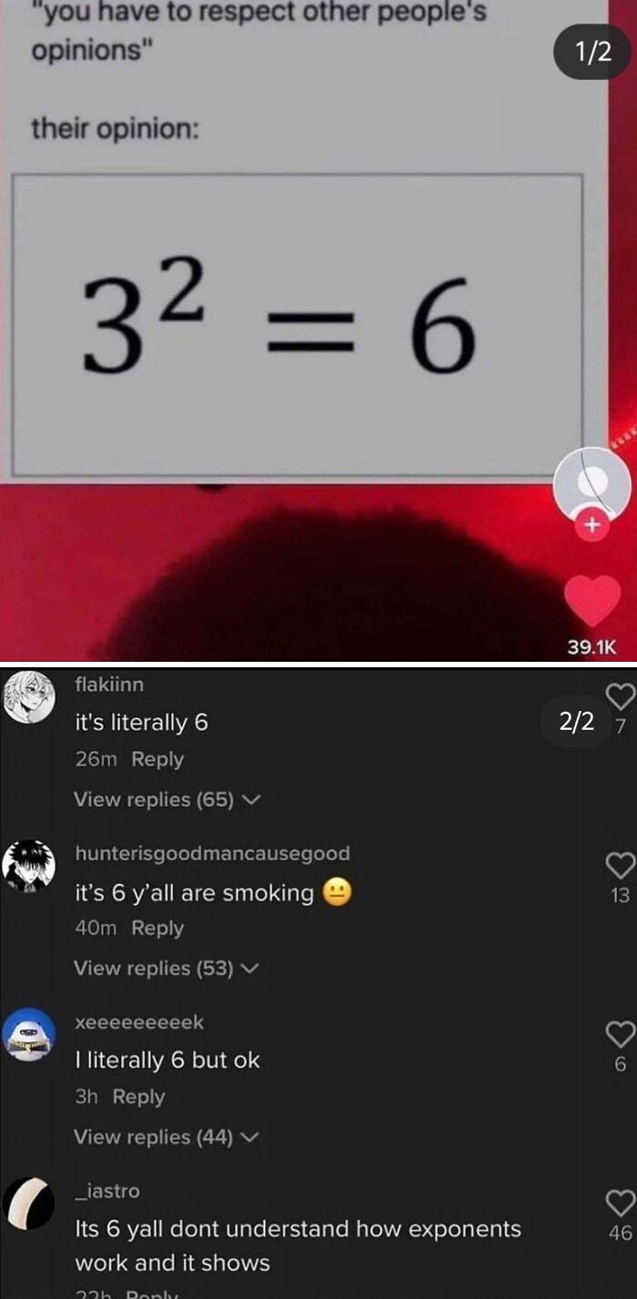 TikTok screenshot showing funny math mistake with 3 squared equals 6 and user comments reacting to it.