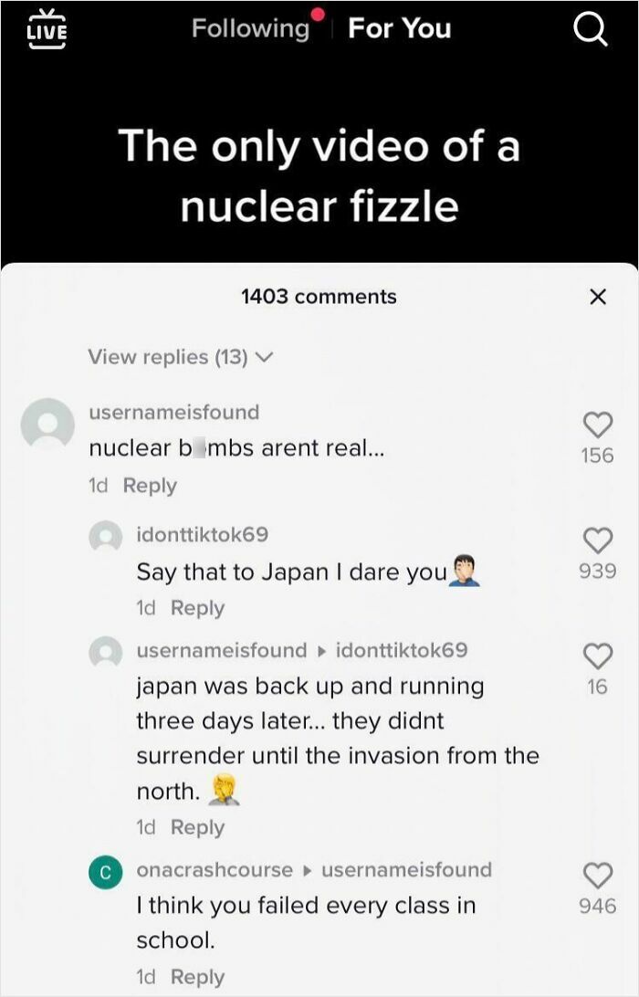 TikTok comments discussing the nuclear fizzle video with debates about history and nuclear bombs.