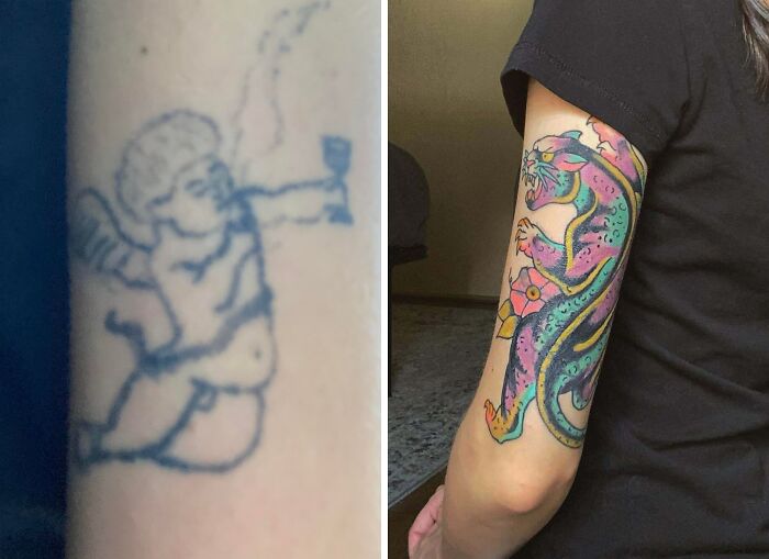 Before and after tattoo cover-up showing major upgrade from faded cherub to colorful tiger design on arm.