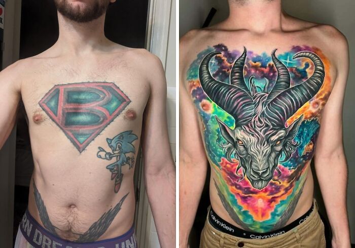 Before and after tattoo transformation showcasing major upgrades on chest tattoos and tattoo regrets.