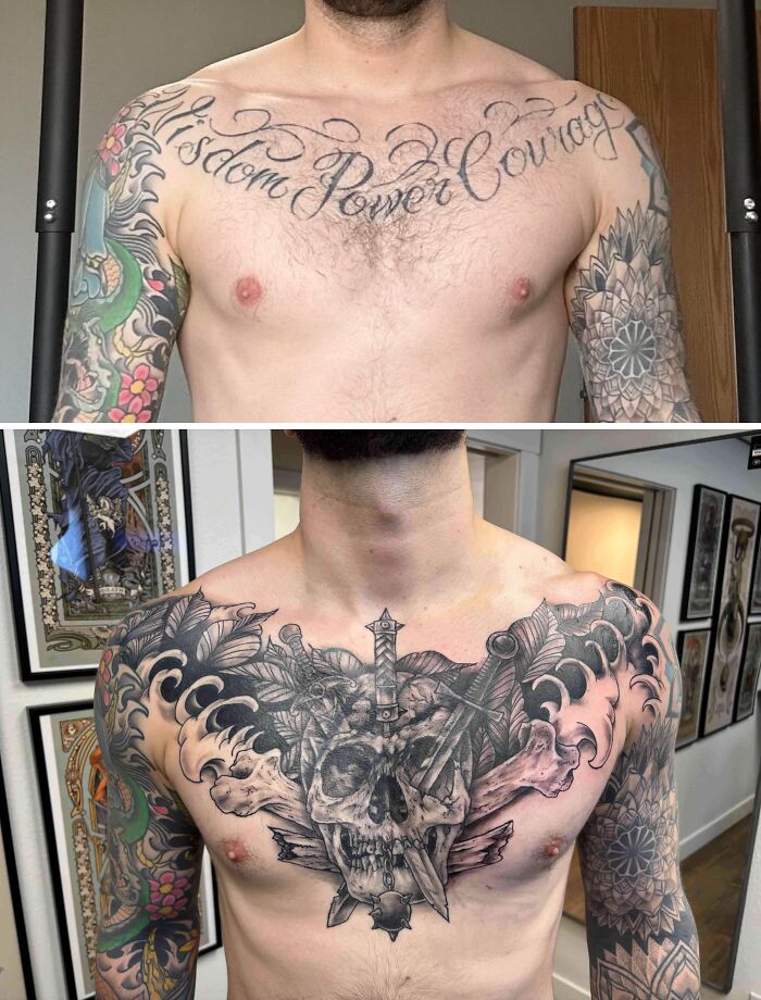 Before and after tattoo cover-up featuring a bold skull and dagger design, showcasing major tattoo regrets upgrade.
