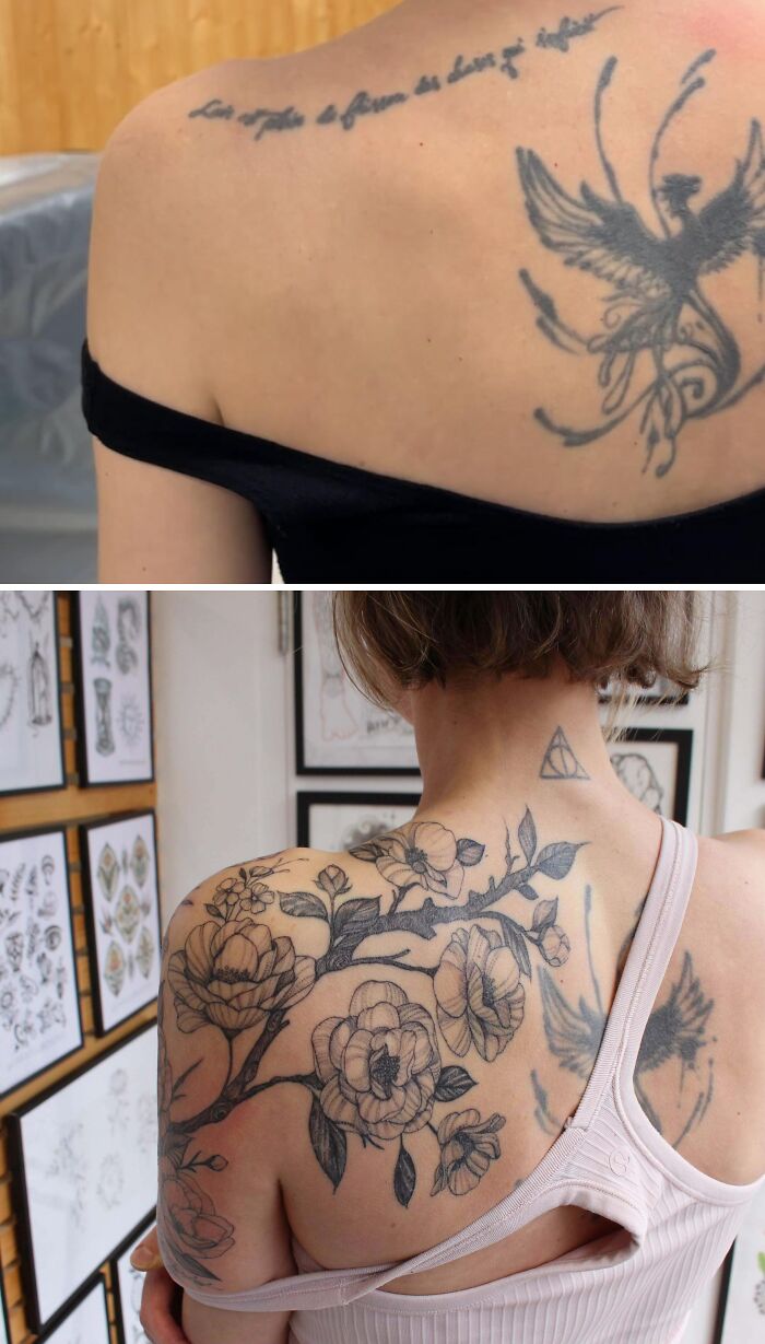 Back tattoos showing floral and bird designs as tattoo regrets get a major upgrade with new ink art.