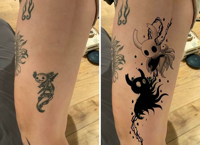 Before and after images of a tattoo cover-up, showing a major upgrade to a best friend tattoo regret on an arm.