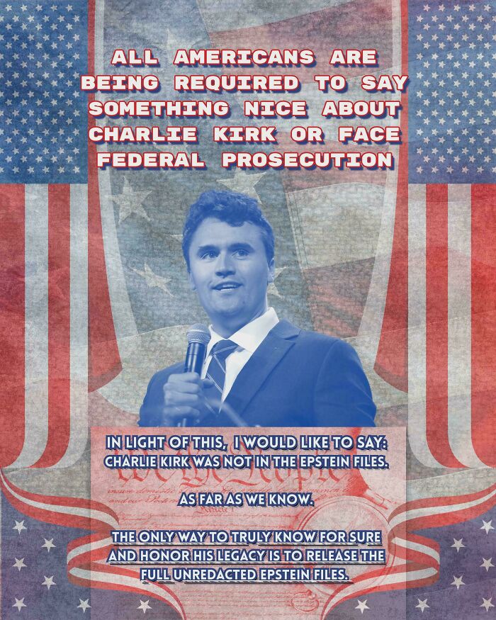 Poster with American flag background and a man holding a microphone, highlighting chaotic good actions and personal justice.