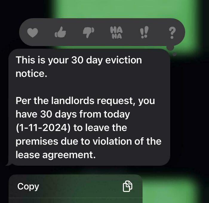 Text message showing a 30 day eviction notice from landlord due to violation of lease agreement, highlighting awful roommates.