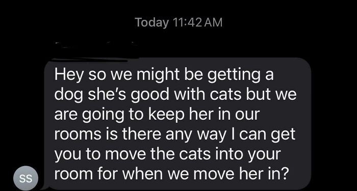 Text message from a roommate asking to move cats into another room, illustrating awful roommate behavior.