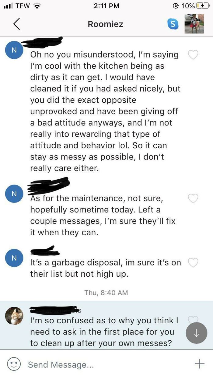 Chat conversation showing a messy kitchen dispute between awful roommates refusing to clean up after themselves.