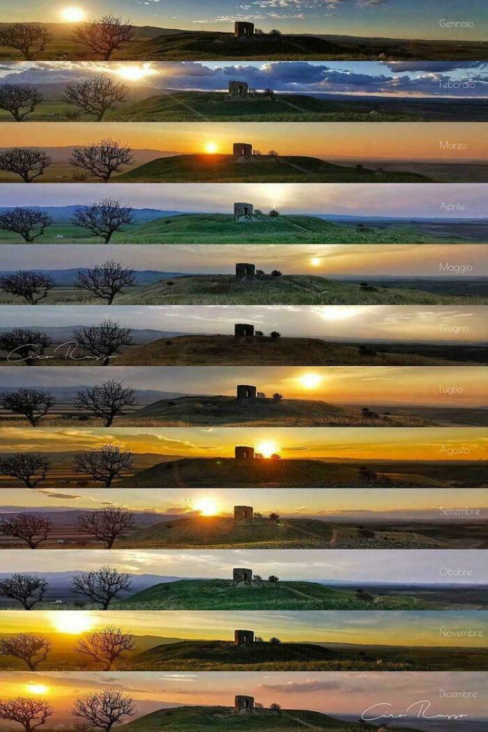 Series of amazing photos showing monthly sunrises and sunsets over a hill with a small stone building and a bare tree