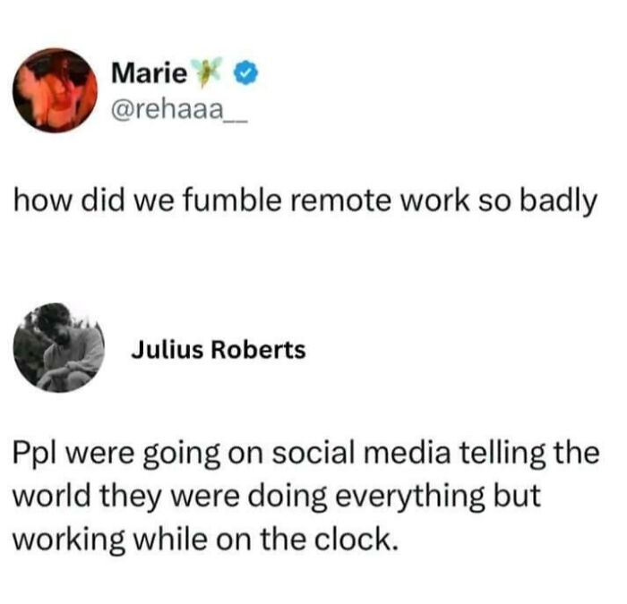 Screenshot of a social media post joking about remote work struggles and outrageous job requirements in the modern workplace.