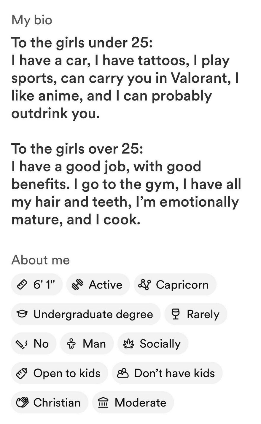 Tinder bio for guys showing age-based traits, personality details, and lifestyle in a dating profile format.