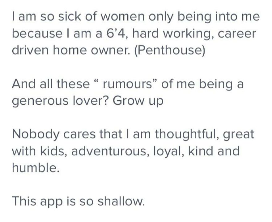 Text from a Tinder bio highlighting frustration with shallow dating, reflecting qualities for best Tinder bios for guys. Text from a Tinder bio highlighting frustration with shallow dating, reflecting qualities for best Tinder bios for guys.
