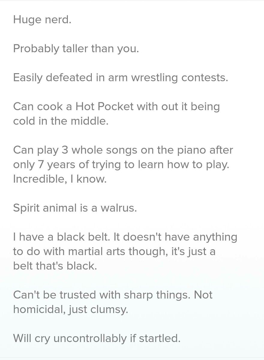 Funny and clever Tinder bios for guys featuring witty and unique self-descriptions to boost dating profile appeal. Funny and clever Tinder bios for guys featuring witty and unique self-descriptions to boost dating profile appeal.