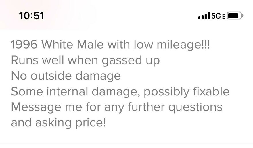 Funny Tinder bio for guys comparing himself to a car, highlighting humor and self-description in a dating profile.