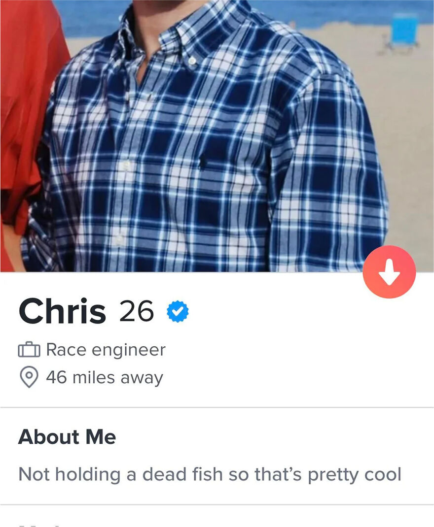 Tinder bio example for guys, showing Chris 26, race engineer, with a witty About Me phrase on a dating profile. Tinder bio example for guys, showing Chris 26, race engineer, with a witty About Me phrase on a dating profile.