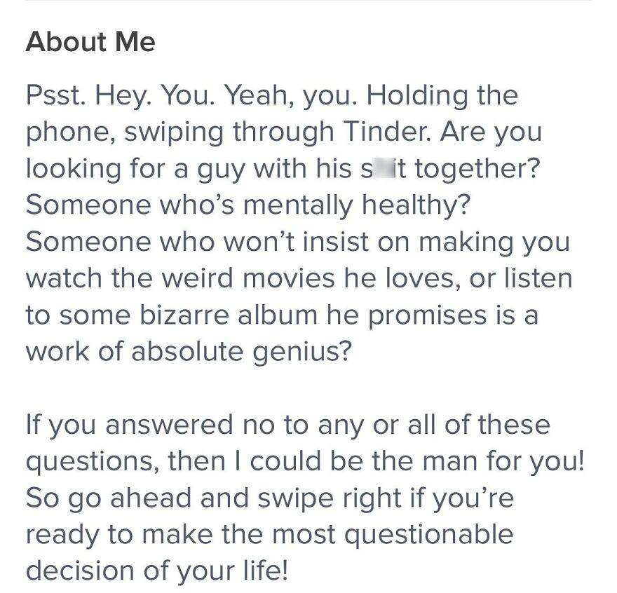 Tinder bio example for guys highlighting humor, mental health, and unique personality traits in dating profiles.