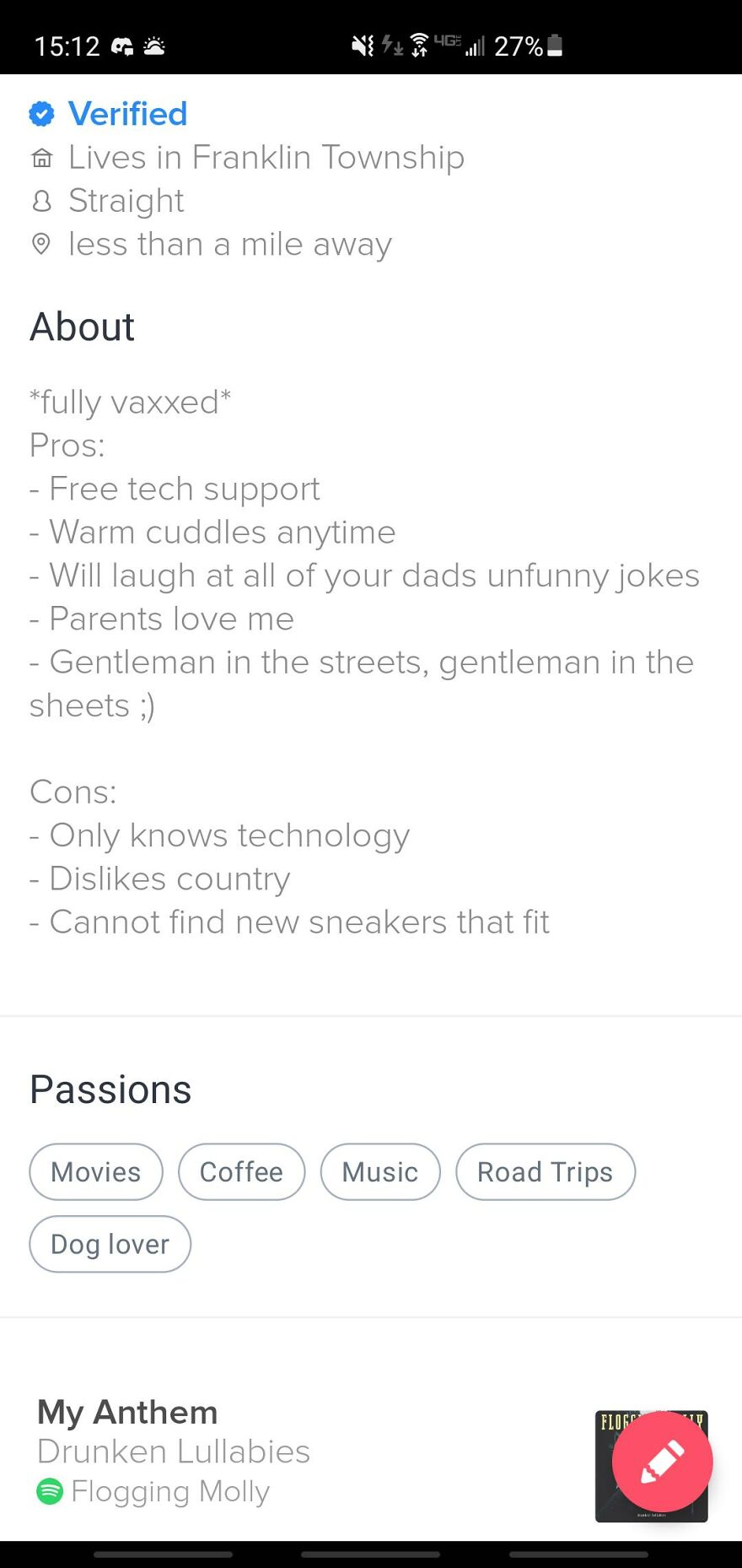 Tinder bio example for guys showing verified profile, witty about section, passions, and music anthem details.
