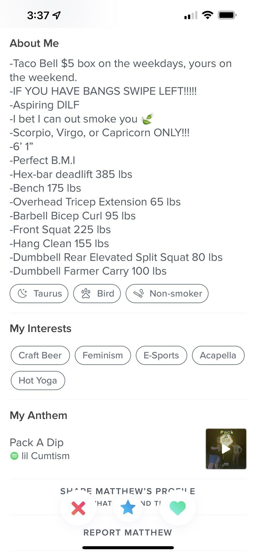 Tinder bio example for guys listing hobbies, fitness stats, zodiac signs, and personal preferences on a dating profile.
