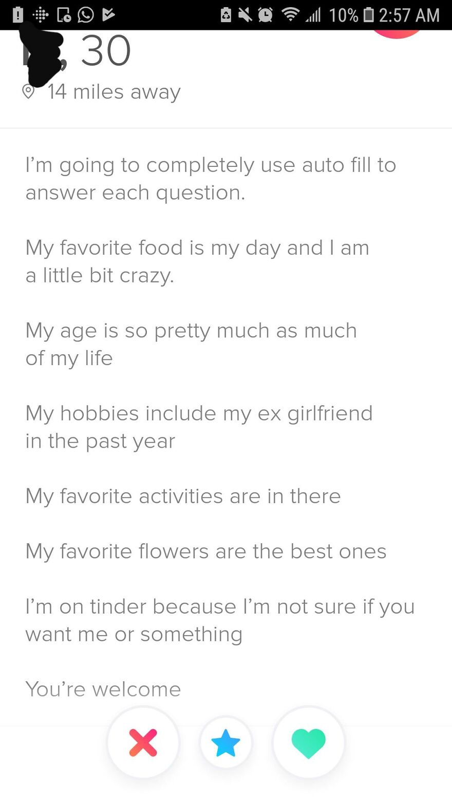 Tinder profile bio for guys with humorous, casual answers, displaying creative examples of Tinder bios for guys.