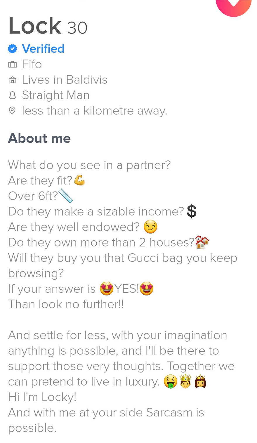 Tinder bio for guy named Lock, showcasing humor and confidence with emojis and witty questions about partners.