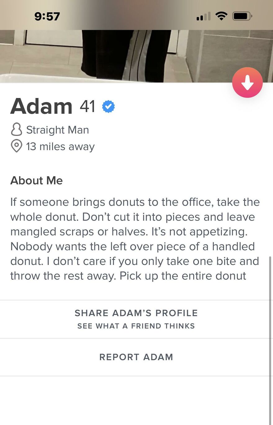 Tinder bio example for guys showing a humorous and direct profile description about donuts and office etiquette.