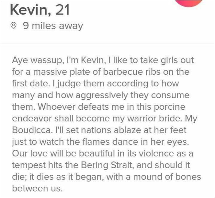 Screenshot of a cringe-worthy but wholesome dating profile where Kevin describes a BBQ ribs eating challenge to find his warrior bride.