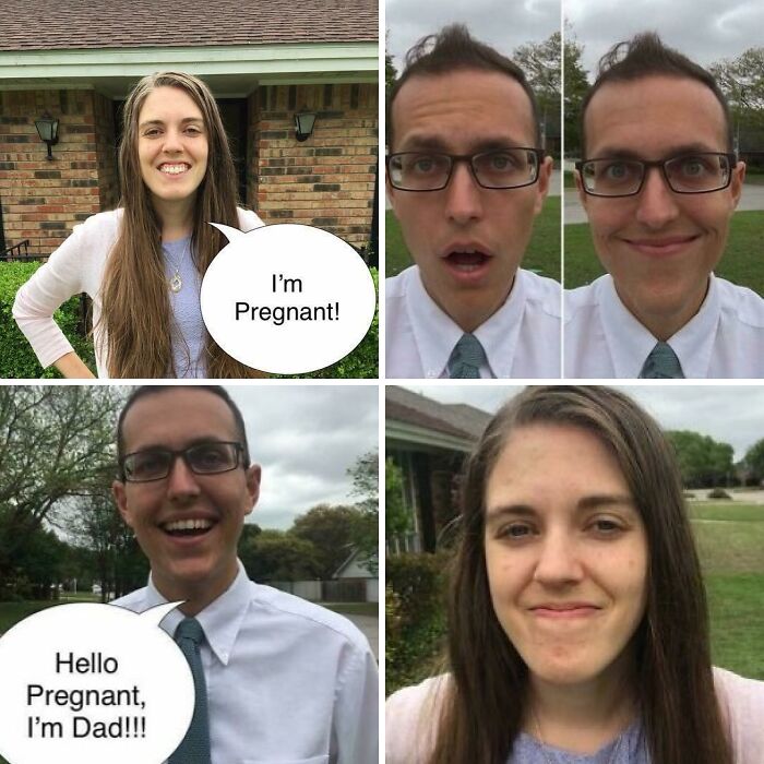 Four-panel collage showing a couple sharing a wholesome and cringe-worthy pregnancy announcement outdoors.