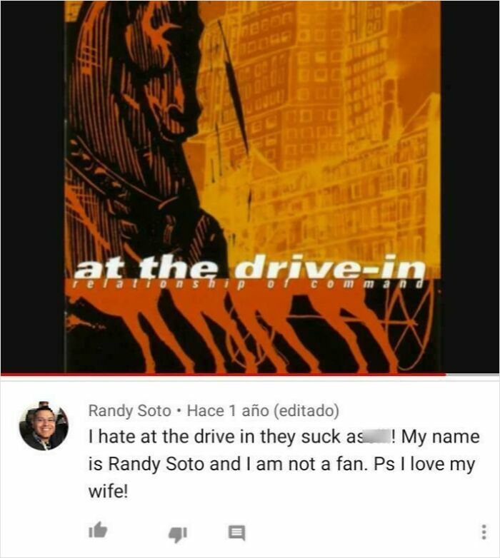 Comment expressing a harsh opinion about a band with a wholesome mention of love for their wife in a cringe-worthy post.