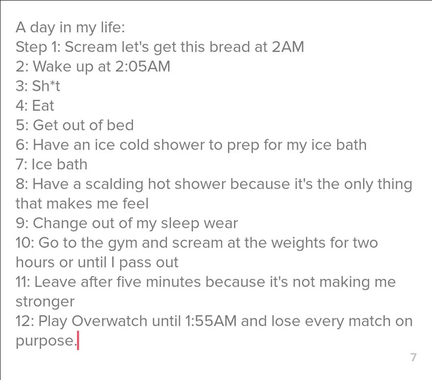 Screenshot of a humorous daily routine text, ideal for creative Tinder bios for guys aiming to stand out.