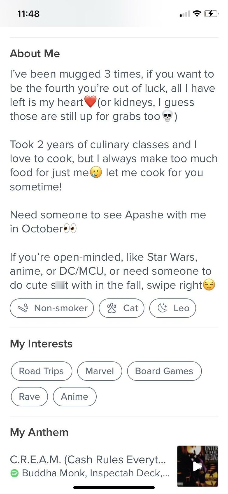 Tinder bio for guys featuring humor, cooking, pop culture, and interests like Marvel and anime in a dating profile.